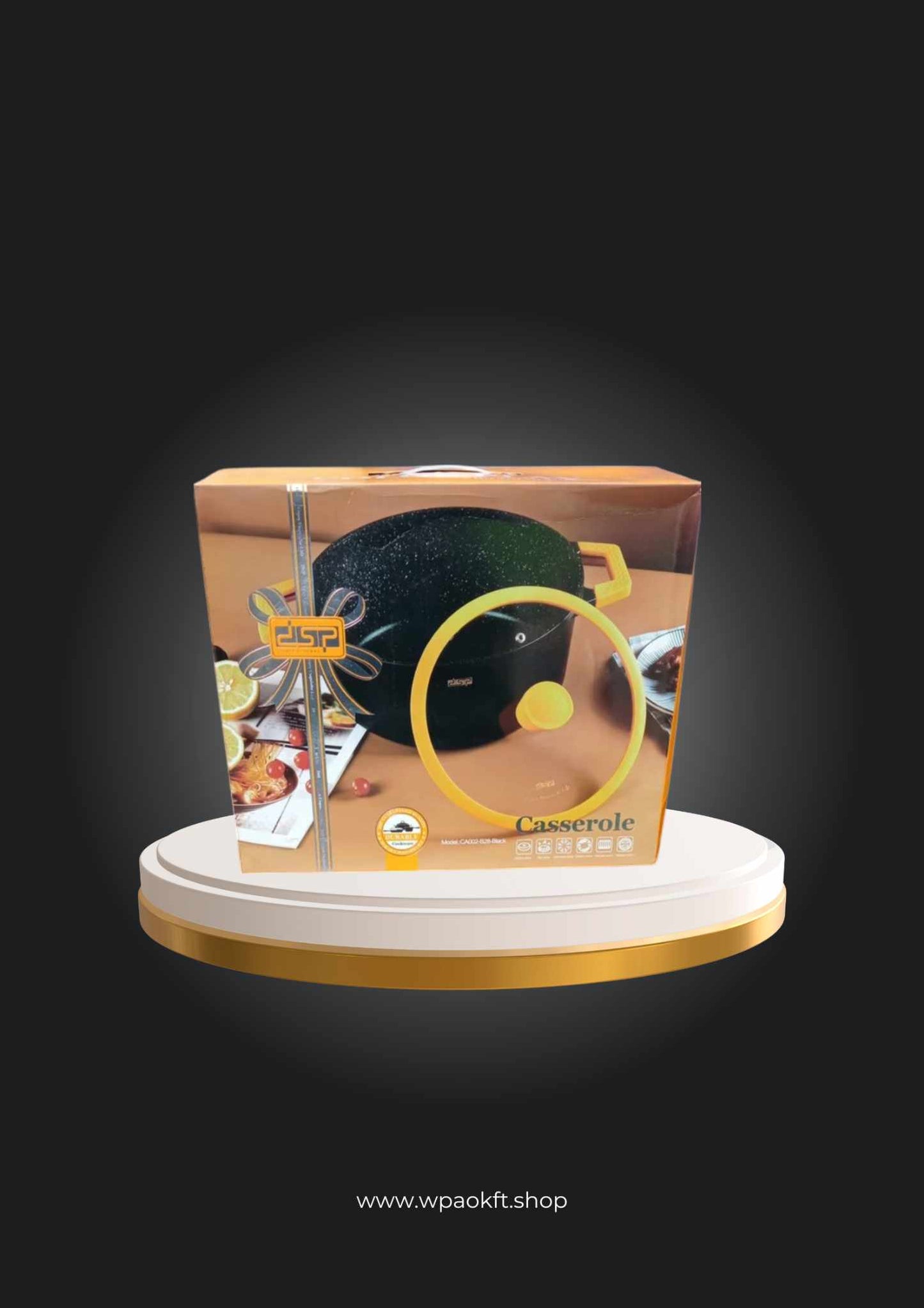 Lábas DSP CA002-BS28 fekete-narancs főzőedény – 7 literes fekete-narancslábas tapadásmentes bevonattal és hőálló üvegfedővel.