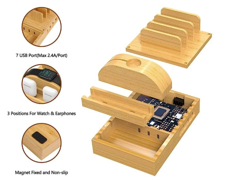 Töltőállomás több készülékhez Bamboo 50W 7 csatlakozóval - BYYA-6922