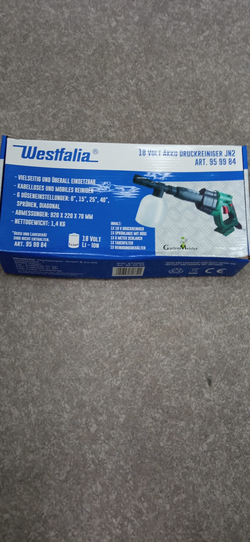 Westfalia 18 V Li-Ion nagynyomású tisztító -akkumulátor és töltő nélkül-