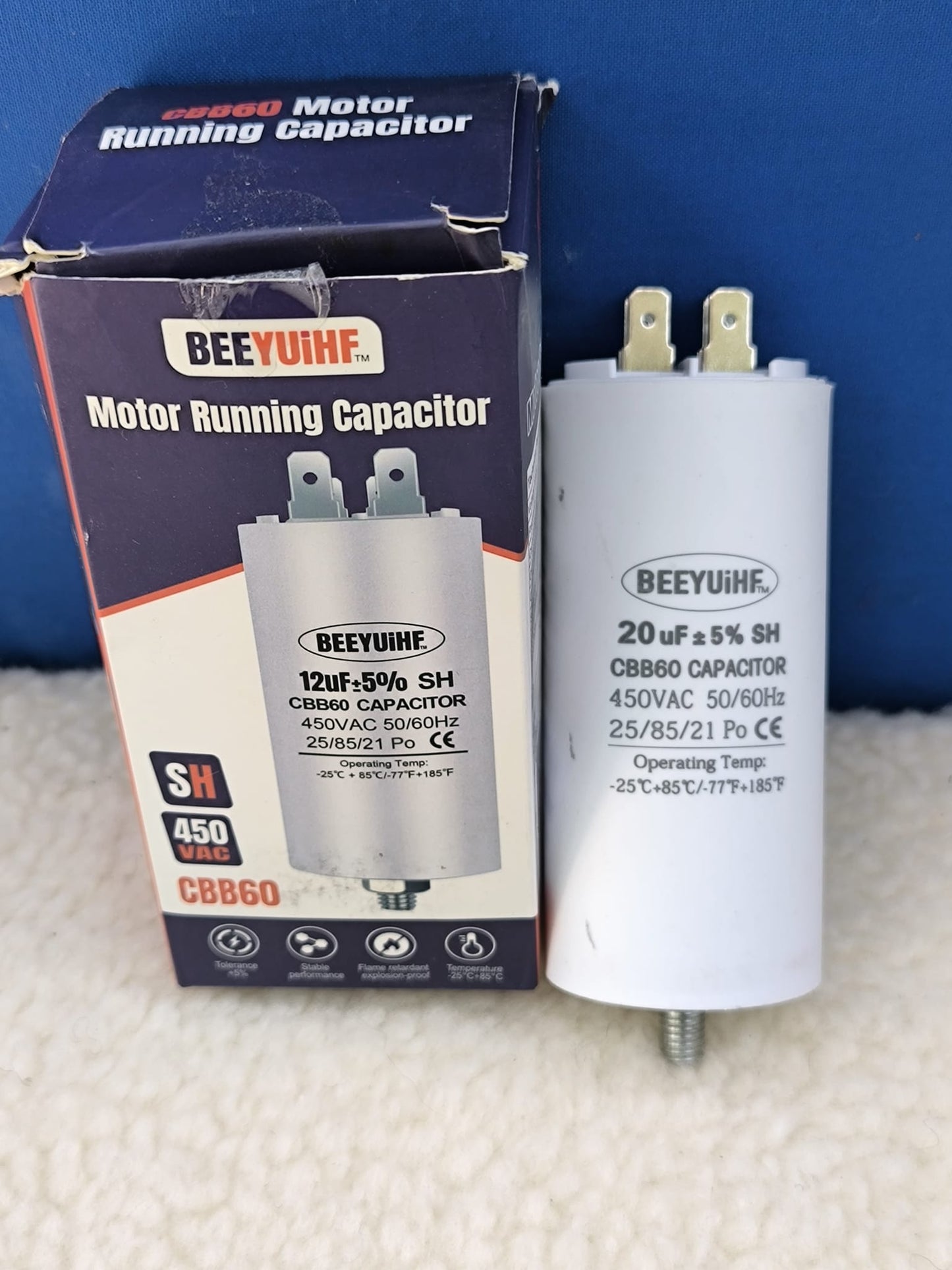 BEEYUIHF CBB60 20uf indítókondenzátor, 20 µF, motorkondenzátor 50/60 Hz, 450 VAC, M8-as dugó villanymotorhoz / szárítógéphez / mosógéphez 45 x 95 mm