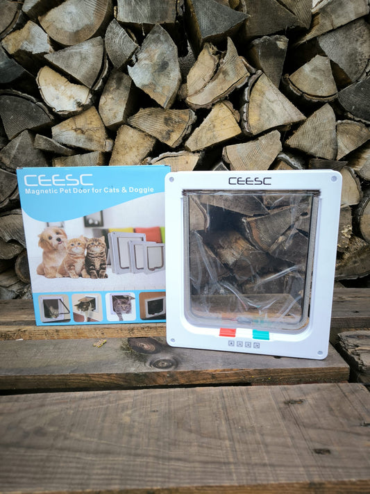 CEESC Mágneses kisállat ajtó 4 irányú zárral macskáknak és kistestű kutyáknak - L-es méret - fehér