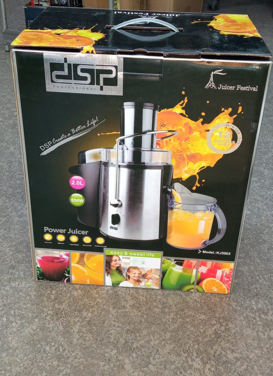 Power Juicer DSP KJ3003 - 850 W teljesítményű gyümölcscentrifuga 2 literes kapacitással, 75 mm-es betöltőnyílással és automatikus pépejtéssel